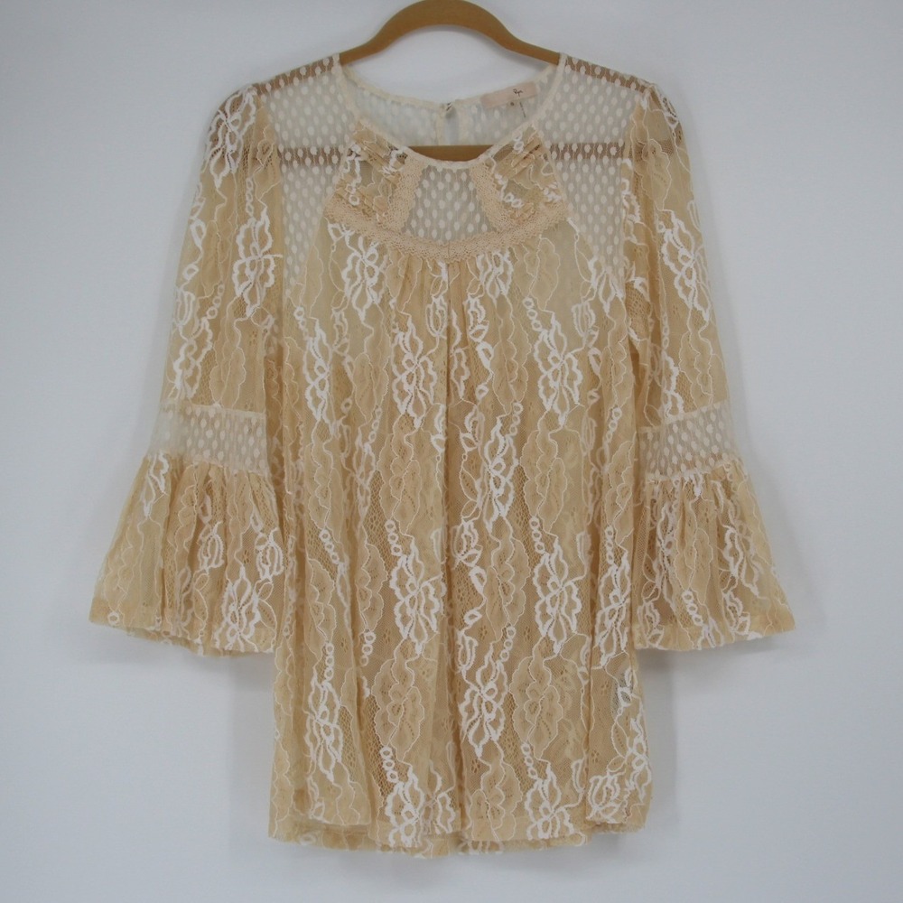 Anthropologie Ryu Fairycore Boho Bell Sleeve Tunic Top Beige Floral Lace Small